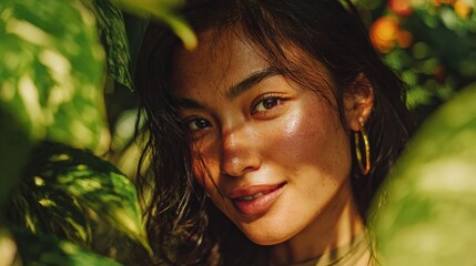 a radiant woman framed by lush green leaves, embracing nature's tranquility 