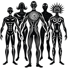 Abstract human figures in vibrant cmyk colors with bold geometric shapes and clean lines