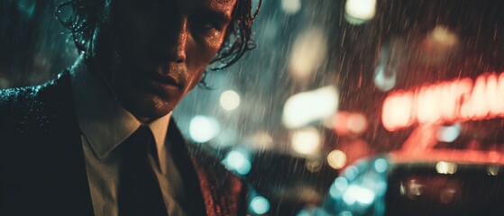 A man standing in the rain with a dramatic setting. The man is looking down with a mix of melancholy and thoughtfulness while rain pouring down
