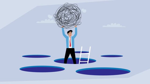 Man stuck in a hole holding a tangled mess cartoon animation
