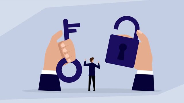 Finding the solution. A businessman stands between two giant hands, one holding a key and the other an open padlock, symbolizing finding the right answer to a problem cartoon animation