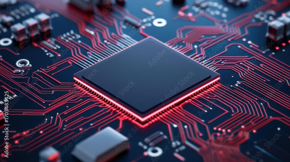 Poster high-tech circuit board with central processing unit and red connections