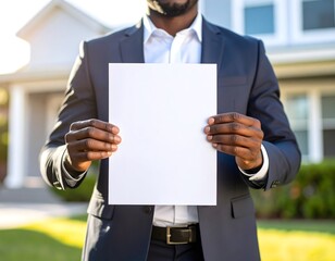 Real estate agent holding blank paper