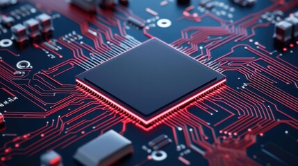 High-Tech Circuit Board with Central Processing Unit and Red Connections