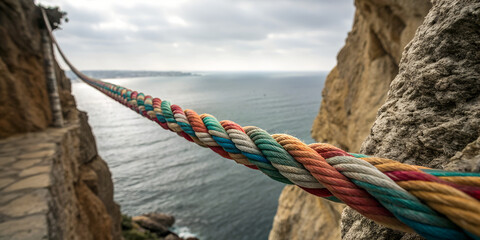 Colorful thick rope stretched between two rocky cliffs with ocean in the background symbolizing connection, challenge and balance ideal for metaphorical outdoor visuals