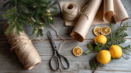 Creative flat lay of natural gift wrapping materials with lemons, greenery, paper and twine on rustic wood