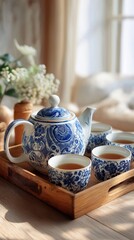 Blue and white porcelain teapot with matching teacups on a wooden tray in warm morning light