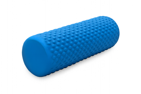 Textured blue foam roller designed for improving flexibility, muscle recovery, and reducing soreness after intense physical activity or workouts.