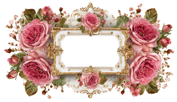 High quality photo of ornate floral frame with pink roses isolated on transparent background.