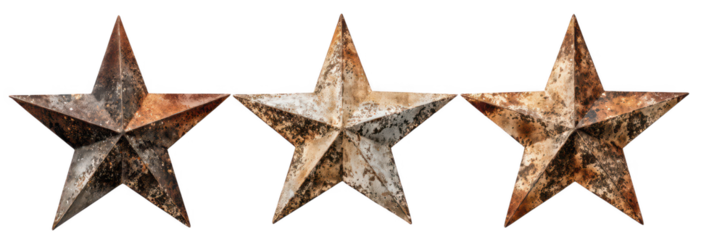 High quality photo of three rustic metal stars isolated on transparent background.