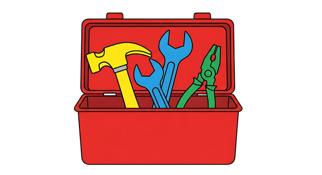 Vibrant red toolbox filled with essential tools, ready for construction, repair, or DIY projects, conveying readiness and competence