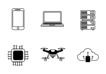 Collection of technology icons, including smartphone, laptop, server rack, microchip, drone, and cloud computing.