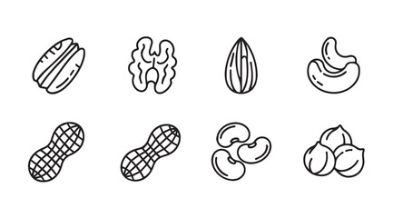 Collection of various nut silhouettes in a simple line art style