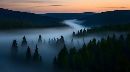 Fototapeta premium Misty Valley At Sunrise With Pine Forest