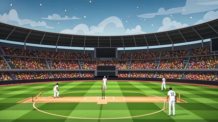Dynamic cricket match action in a crowded stadium with animated players and fans - Powered by Adobe