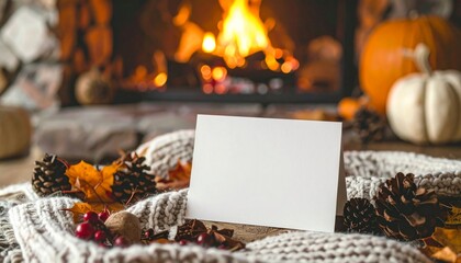 Cozy Autumn Scene with a Fireplace Pumpkins and a Blank Card for Thanksgiving