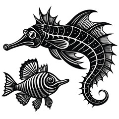 Collection of hand drawn line art sketches featuring diverse marine life and ocean creatures