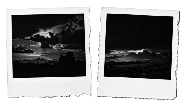 Two black and white instant photos.  Dramatic sky with clouds, silhouetted structure.  Landscape view