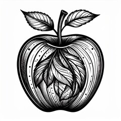 Detailed Black and White Apple Fruit Illustration with Leafs Inside Decorative Design