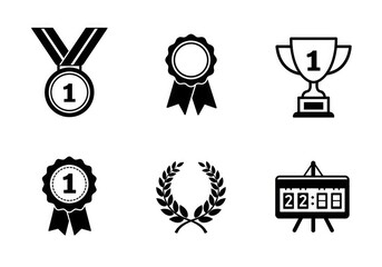 A collection of six black and white icons representing awards, victory, and competition.
