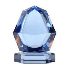 Elegant Blue Crystal Trophy on Clear Stand with Reflections and Light Play for Achievement Awards and Celebratory Events