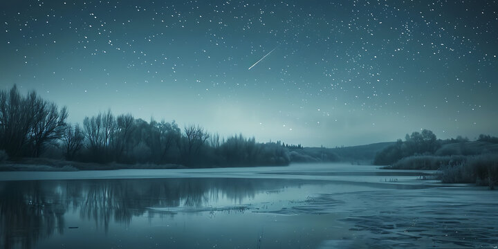 Serene winter night sky with a shooting star over a frozen river and bare trees