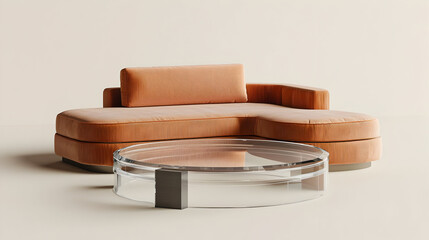 Modern Beige Sectional Sofa and Glass Coffee Table