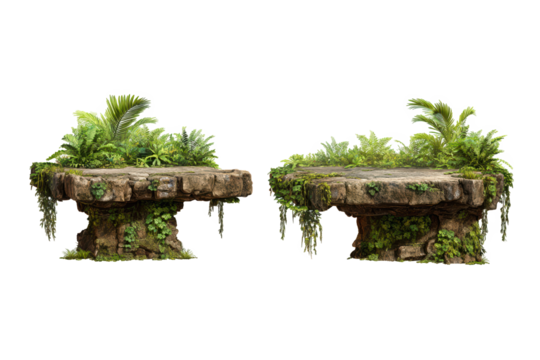 Two lush green stone platforms with tropical plants perfect for display, isolated on transparent background, perfect cutout, PNG