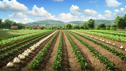 Rows Of White Onions And Green Plants In Farmland Landscape