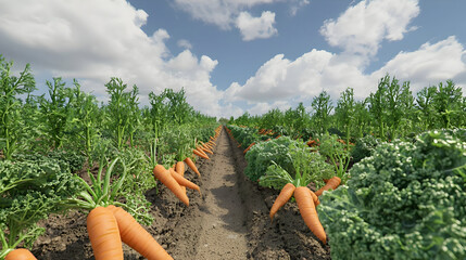 Carrot Field Path Leading Through Rows Of Plants