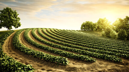 Rolling Hills Farmland Under Golden Sunrise