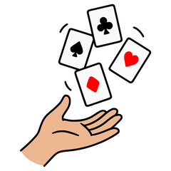 hand with flying magic cards flat color vector illustration template design