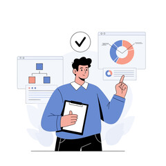 Man with clipboard pointing at pie chart and flowchart