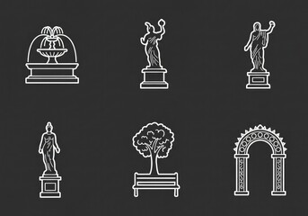Chalk white outline icons of park and garden elements including fountains, classical statues, a tree with a bench, and an ornate archway on a dark background.