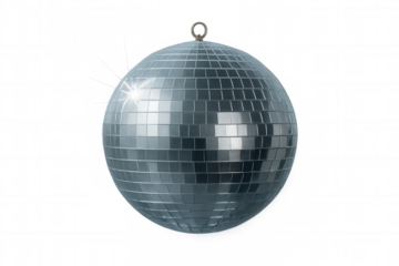 Sparkling disco ball casting vibrant white light rays, hanging against transparent backdrop, enhancing festive event graphics