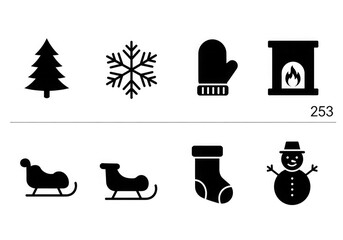 Collection of eight black and white Christmas-themed icons, including a tree, snowflake, mitten, and fireplace.
