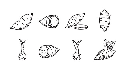 Collection of hand drawn sweet potato illustrations in silhouette style