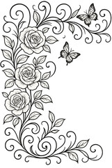 Elegant Rose and Butterfly Engraving - Decorative Floral Artwork