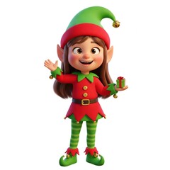 Cheerful Female Christmas Elf Holding Small Gift in Festive Red and Green Outfit