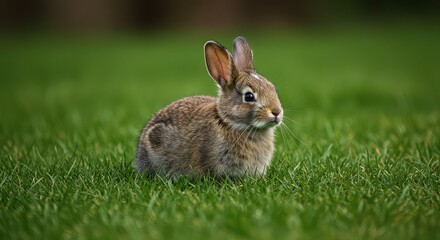 Adorable young rabbit with soft fur sits alertly in vibrant green grass, capturing a moment of natural wild beauty and innocence, perfect for springtime themes.
