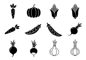 Collection of vegetable icons: carrots, pumpkins, corn, peas, beets, onions.