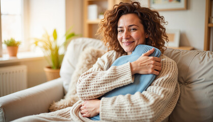 Content woman embracing hot water bottle in cozy living room, warmth