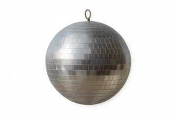 Spinning metallic disco ball creating glittery light patterns, transparent backdrop highlighting festive party atmosphere