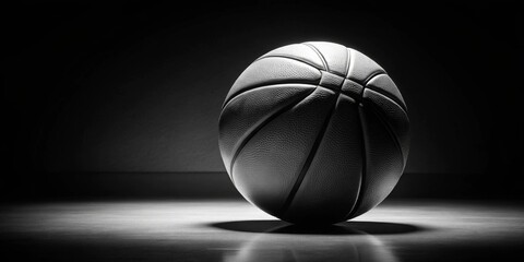 Obraz premium A grayscale image of a basketball resting on a dark surface, illuminated by a single light source