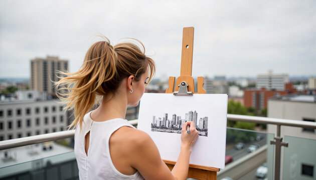 Focused woman sketching cityscape on rooftop, artistic dedication