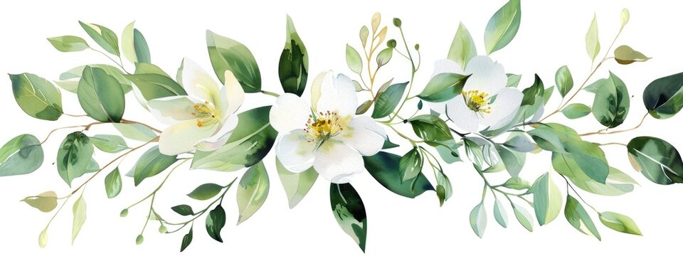 Watercolor painting of a horizontal floral arrangement featuring white blossoms and lush green leaves, perfect for wedding invitations or home decor