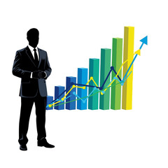 Businessman standing next to a rising bar graph and line chart