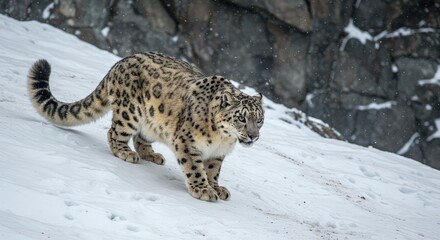 Obraz premium Majestic snow leopard prowls across a snowy mountain slope, its spotted coat blending with the winter landscape as snowflakes gently fall around it.