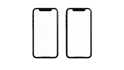 Two black smartphones with blank white screens, side-by-side.  Each phone has a rectangular shape, a minimal bezel, and a consistent design