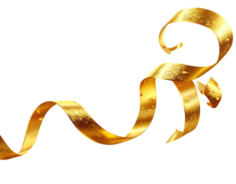 A stylized golden ribbon, seemingly part of a larger design, curves and swirls against a black background.  